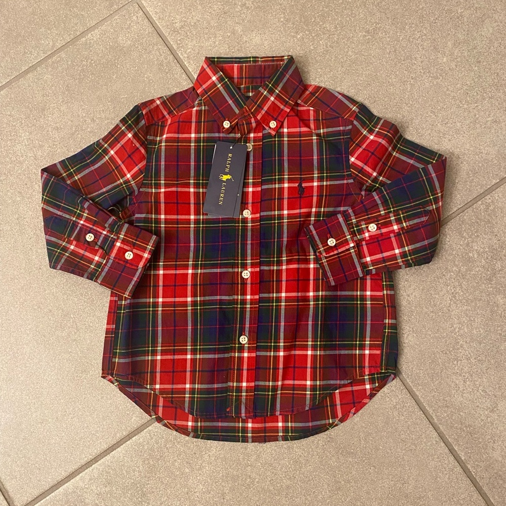 NWT - Ralph Lauren Red Plaid Button Down Long Sleeve Shirt 2T